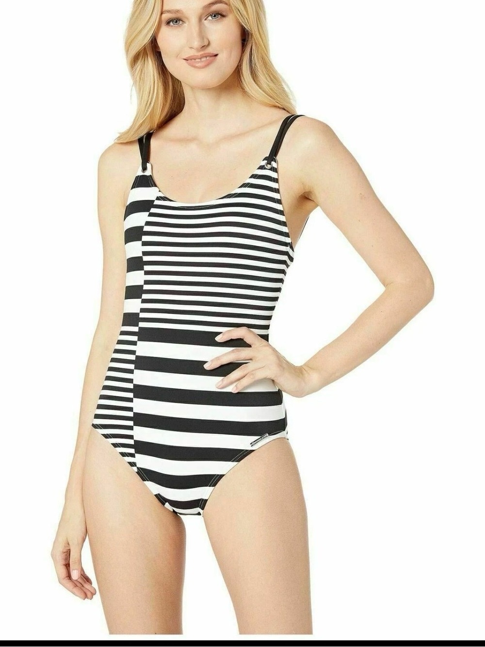Michael Michael Kors Women's Black Wht Stripe Strappy One-Piece Swimsuit Size 12